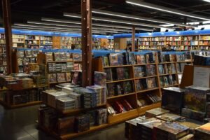 Shelves of fantasy and science fiction books in a large bookshop