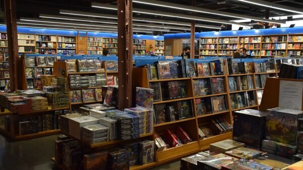 Shelves of fantasy and science fiction books in a large bookshop